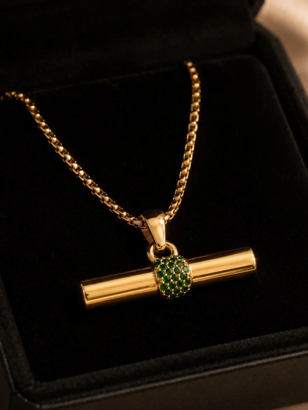 Gold Bar Pendant Necklace with Green Accent